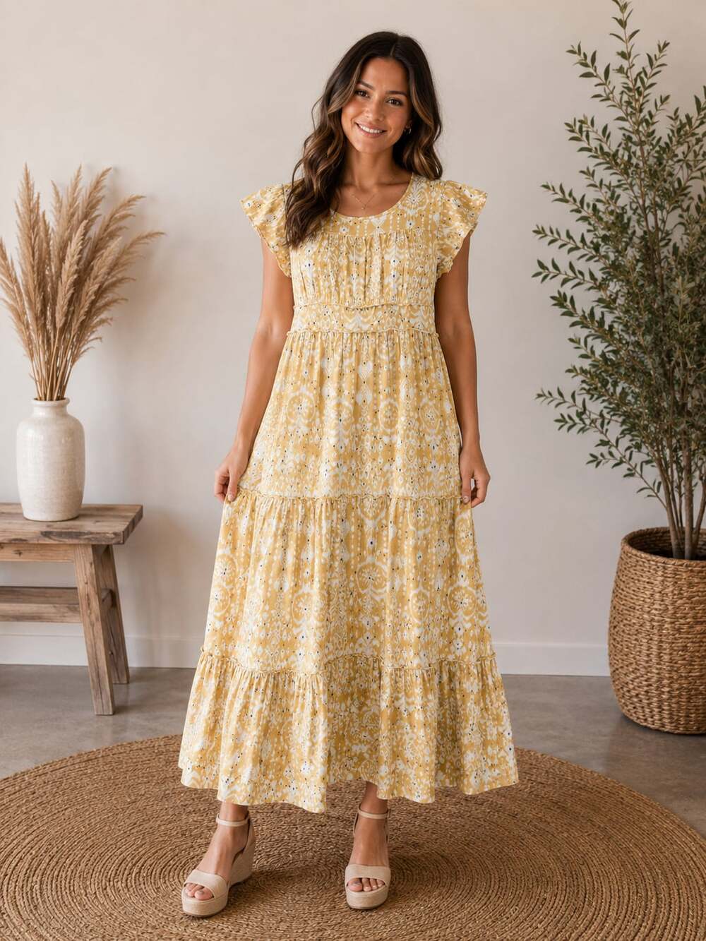 Knox Rose Yellow Boho Tiered Midi Dress Women’s Medium Rayon Cottagecore